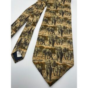 Endangered Species Mens Silk Tie African Elephant Wildlife Print Tan Brown USA